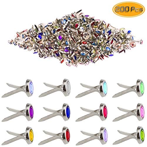 Yexpress 200 Pieces 8 x 15mm Mixed Colors Rhinestone Mini Brads Round Paper Fasteners Brass Pastel Metal Brads for Scrapbooking Crafts DIY Paper