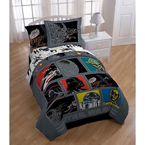 5 Piece Kids Black Star Wars Theme Comforter Twin, Starwars Millennium Falcon R2-D2 C-3PO Bedding, Light Saber Death Star Darth Vader Luke Skywalker Yoda Movie Series Character Plush, Polyester