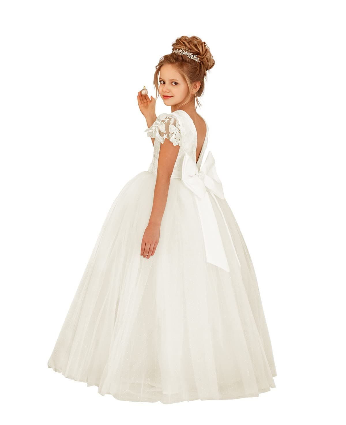 JISISANGFlower Girls Lace Cap Sleeve Dress for Wedding Puffy Tulle Back V-Neck Pageant Prom Ball Gown with Bow