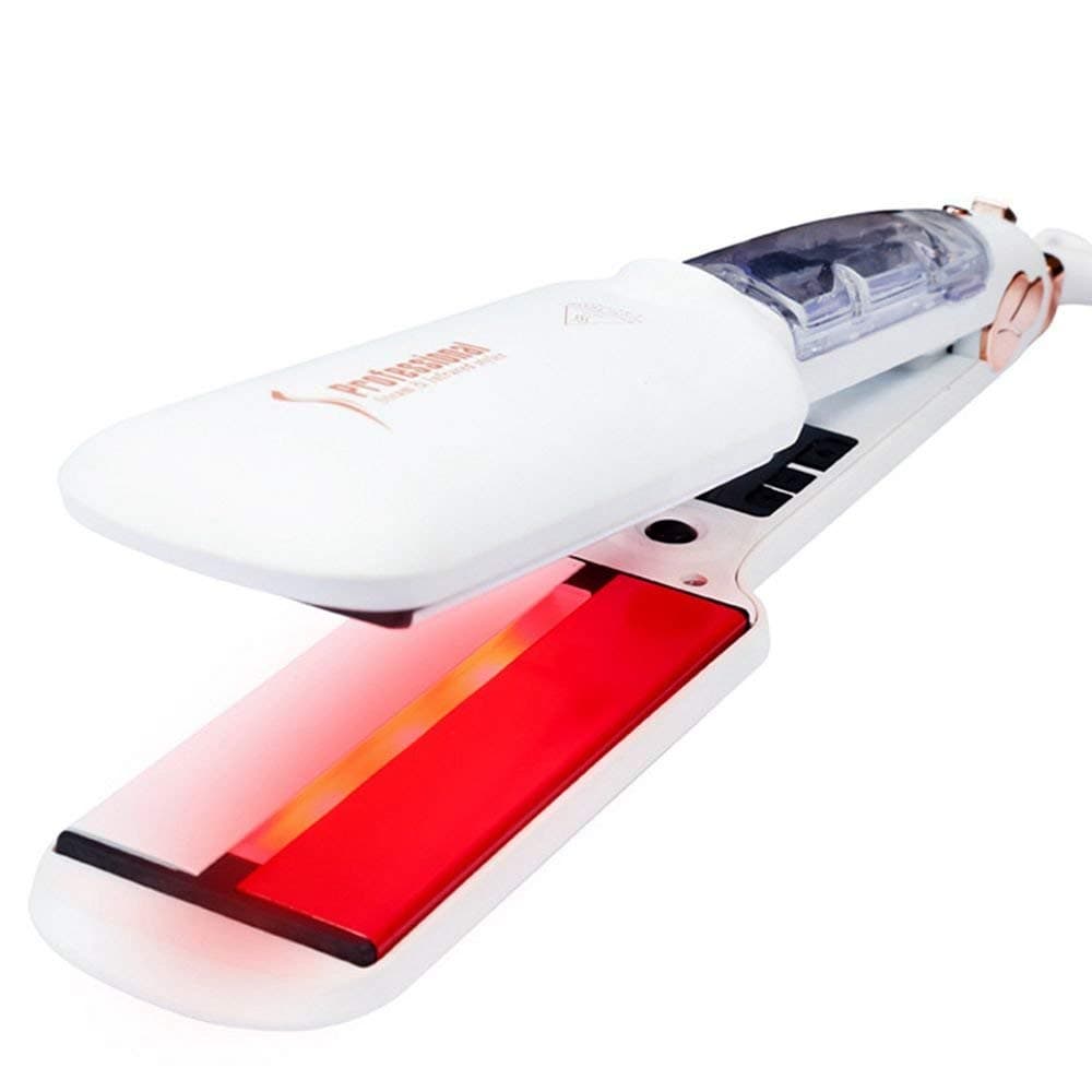 USHOW Ifrared Heating Straightener Professional Ceramic Steam Hair Straightener 2 in 1 Electric Hair Curler and Straightener Flat Iron Steam and Infrared style Hair Straightener-White
