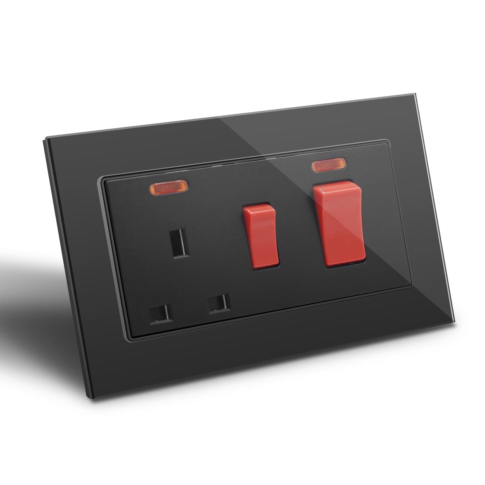 BSEED Double Cooker 45A Wall Switch Socket Unit 1 Gang Black with Red Power Indicator, Screwless Crystal Glass Panel