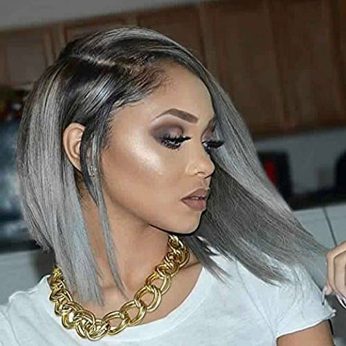 Human Hair 1B/grey Wigs Silky Straight Brazilian Human Hair lace front Wig For Black White Women Ombre Gray Color 130% Density (12 Inch, 180% lace front wig)