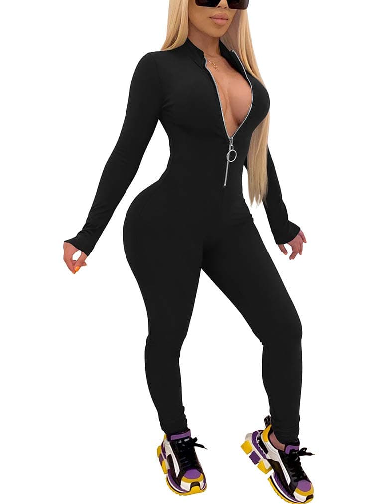 XXTAXNWomen's Sexy Bodycon Long Sleeve V Neck Zipper Jumpsuit Rompers