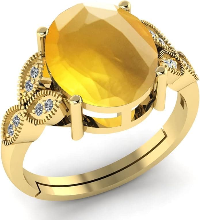 5.25 Carat Natural Yellow Sapphire Birthstone Gold Ring For Women (Pukhraj Stone Gold Plated Panchadhatu Ring) 100% Original AAA Quality Gemstone for Mens&Womens