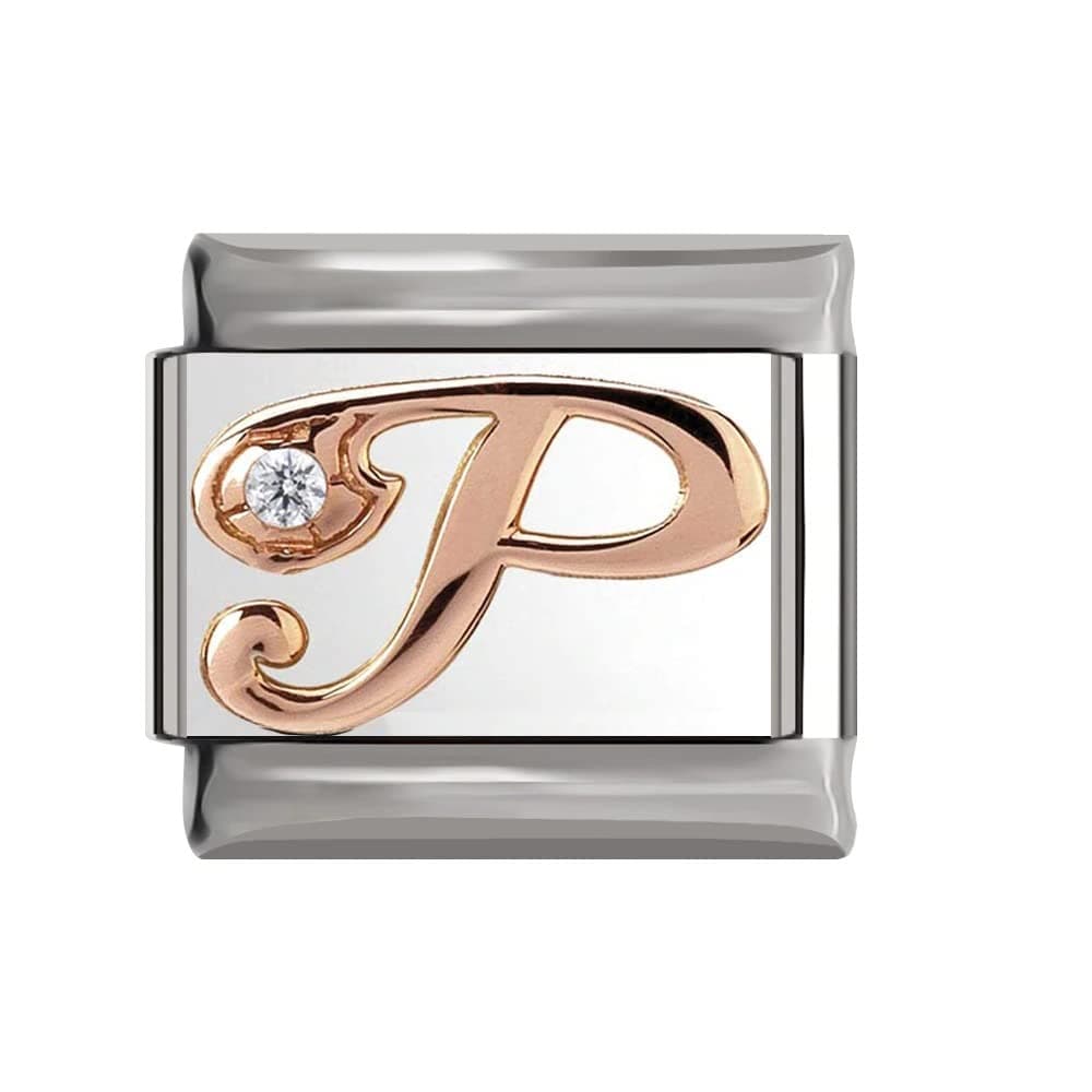 Rose Gold Letter A-Z Charm Link fits all 9mm Bracelet - UK stock (Letter P)