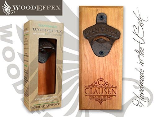 Bottle Opener Magnetic Cap Catcher - Handmade Cherry Wood with Dark Oil Bronze Opener - Personalized Family Name