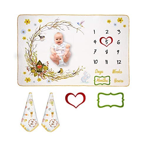 Lucca Baby Monthly Milestone Blanket for Baby Boy and Girl, Baby Photo Blanket for Newborn Baby Shower, Month Blanket for Baby Pictures, Includes 2 Muslin Baby Washcloths + 2 Frames, Large 60''x 40''