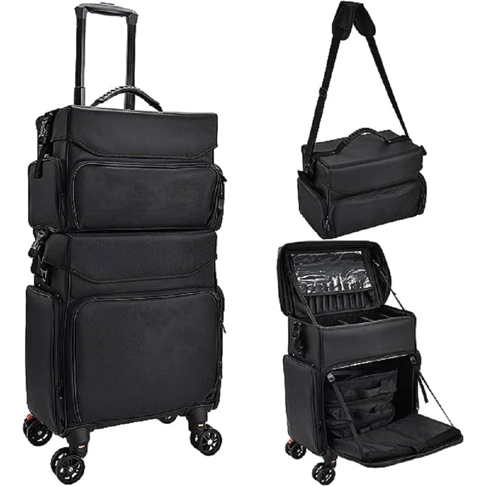 New Large 2 in 1 Black Canvas/Nylon Rolling Vanity case, Make up case, Cosmetic case