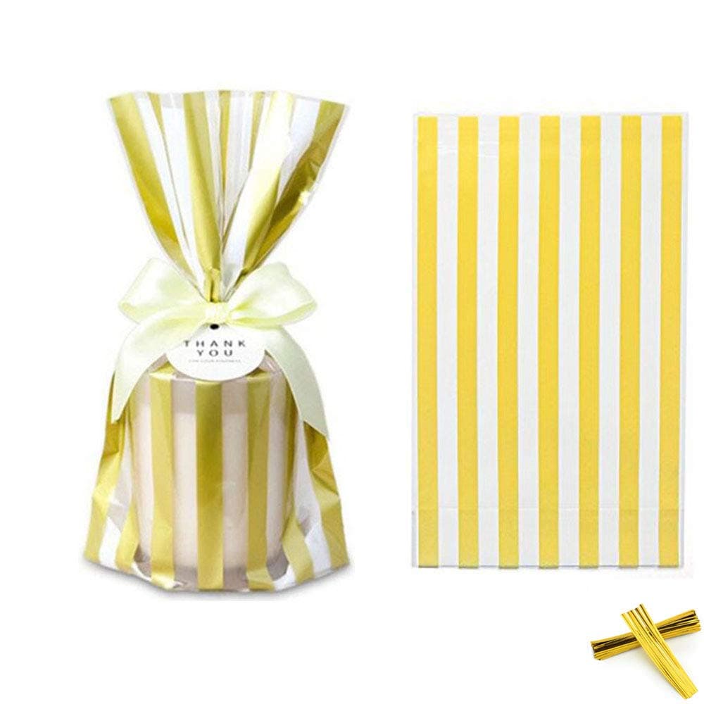 Clear Cello Bags Candy Cookie Treat Plastic Bag Gold Striped Cellophane party favor bags with Twist Ties for Wedding,Bridal Shower,Birthday,Baby Shower,celebration party supplies decorations,50pcs