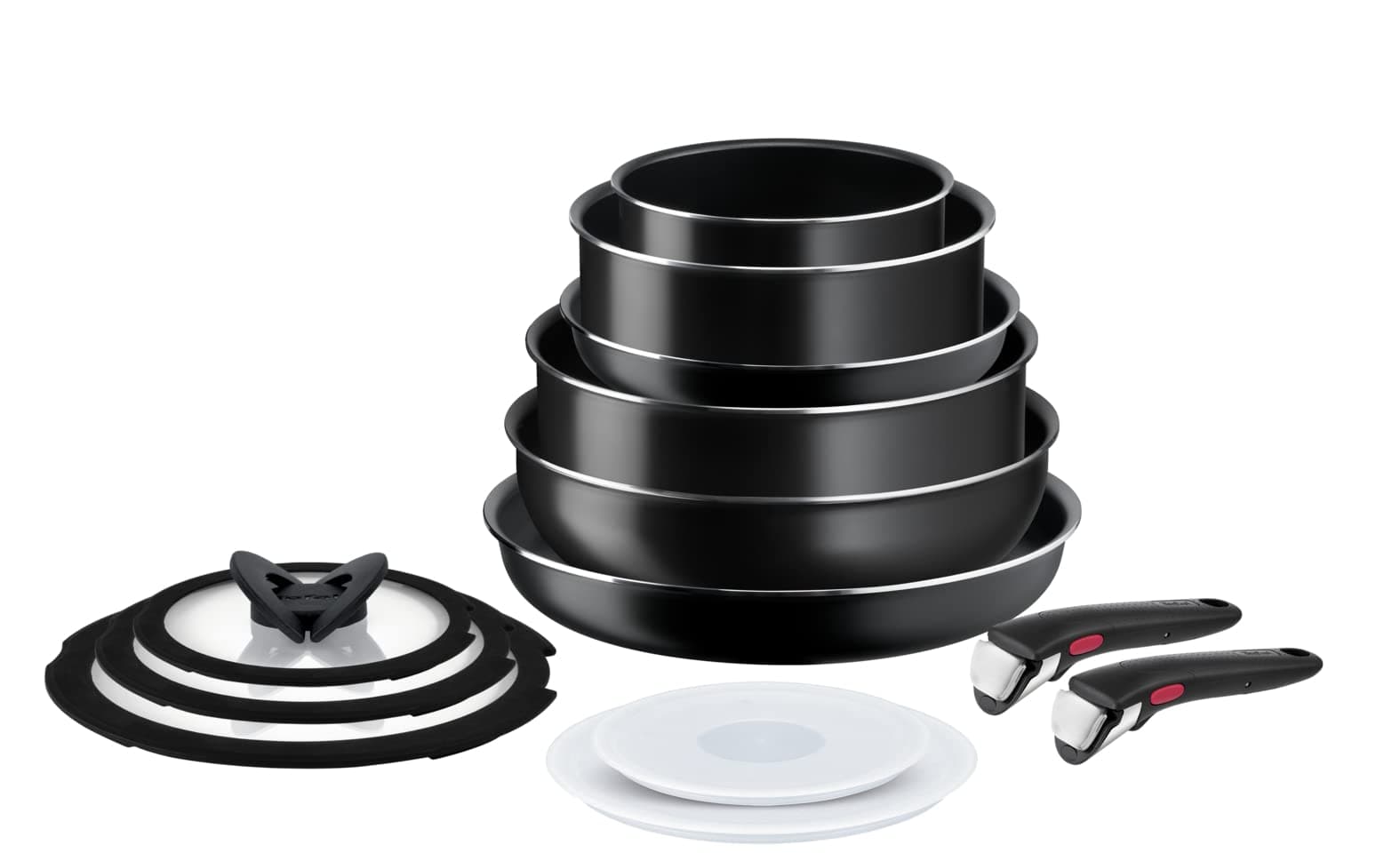 Tefal Ingenio Easy On 13 Piece Pots & Pans Set, Stackable, Easy Cleaning, Non-Stick Coating, Heat Indicator, Removable Handle, All Hobs Compatible Except Induction, L1599243, Black