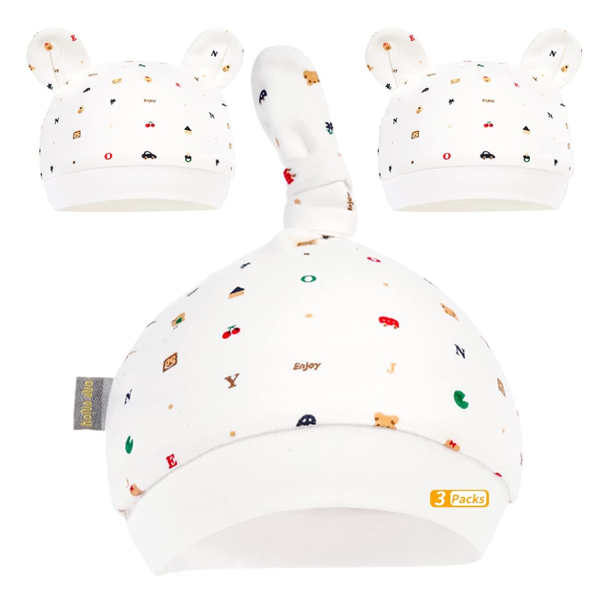 One enjoy3 Packs Newborn Baby Bear Hats Hospital Hat Knotted Cap Organic Baby Hats Unisex Cotton Lovely Infant Caps 0-6 Month