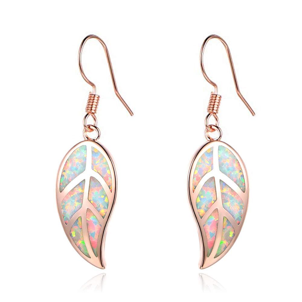 18K White Gold Plated Leaf Opal Dangle Drop Earrings for Women Teen Girls Hypoallergenic Opal Jewelry Gift