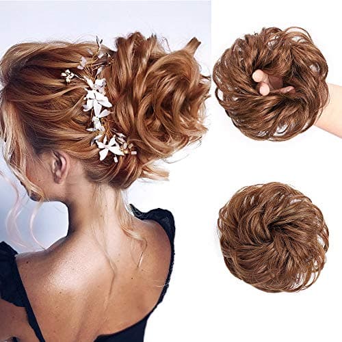 Stamped Glorious Messy Bun Extension for Women 100% Human Hair Curly Wavy Updo 100% Human Hair Wavy Donut Scrunchy Curly Hairpieces Natural Hair Kids Donut Ponytail Hair Chign(Color:Linen Yellow), 1 Count