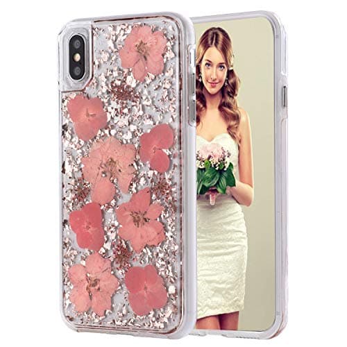 iPhone SE2 Case,iPhone 8 Case,Women Luxury Fashion Natural Flower Glitter Foil Sparkle Hard Back Cover with Clear TPU Bumper Protective Phone Bling Case for iPhone SE 2/8/7/6s (Pink Flower)