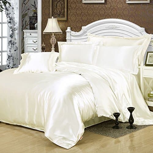 Furlove White Silk Bedding Set Duvet Cover Silk Pillowcase Silk Sheet Luxury Bedding, Full Size
