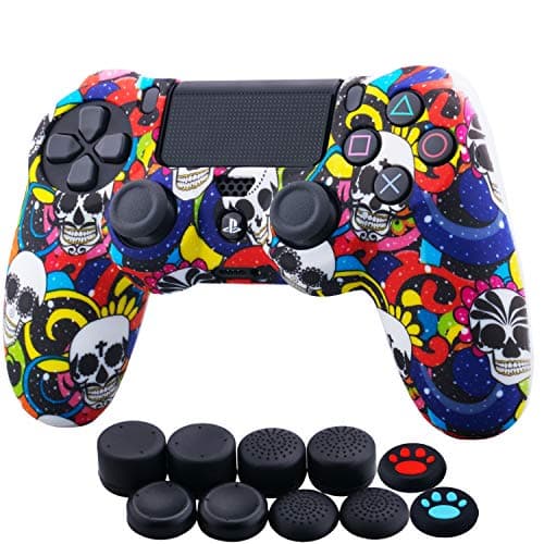 YoRHa Water Transfer Printing Camouflage Silicone Cover Skin Case for Sony PS4/slim/Pro Dualshock 4 Controller x 1(Madeup Skulls) with Thumb Grips x 10