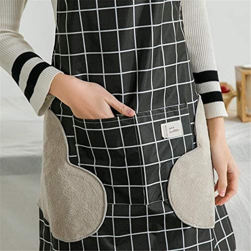 Apron for Women, Waterproof Adjustable Bib Cooking Aprons with Pocket-2 Side Coral Velvet Towels Stitched Durable Pinstripe Aprons for Dishwashing, Baking, Grill, Restaurant Even Garden Craft