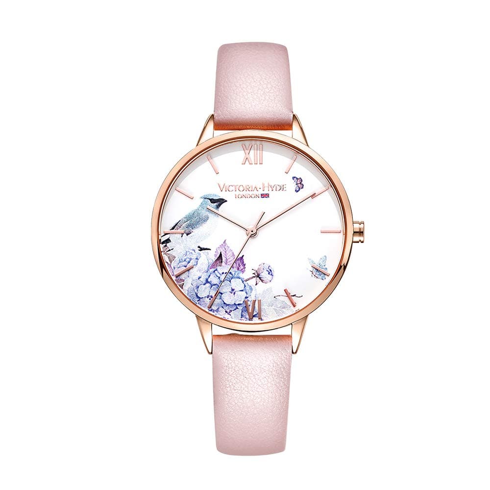 VICTORIA HYDE Quartz Wrist Watch Women Floral Dial Stainless Steel Mesh Band Genuine Leather Strap Waterproof Women Wrist Watch Pink, Pink, Elegant