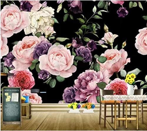 Large Silk 3D Mural Rose Flower Wallpaper Mural with Black Background Printed Photo for TV Backdrop Home Decor Floral Murals TV Background Wall Bathroom Restaurant,L250xw175cm