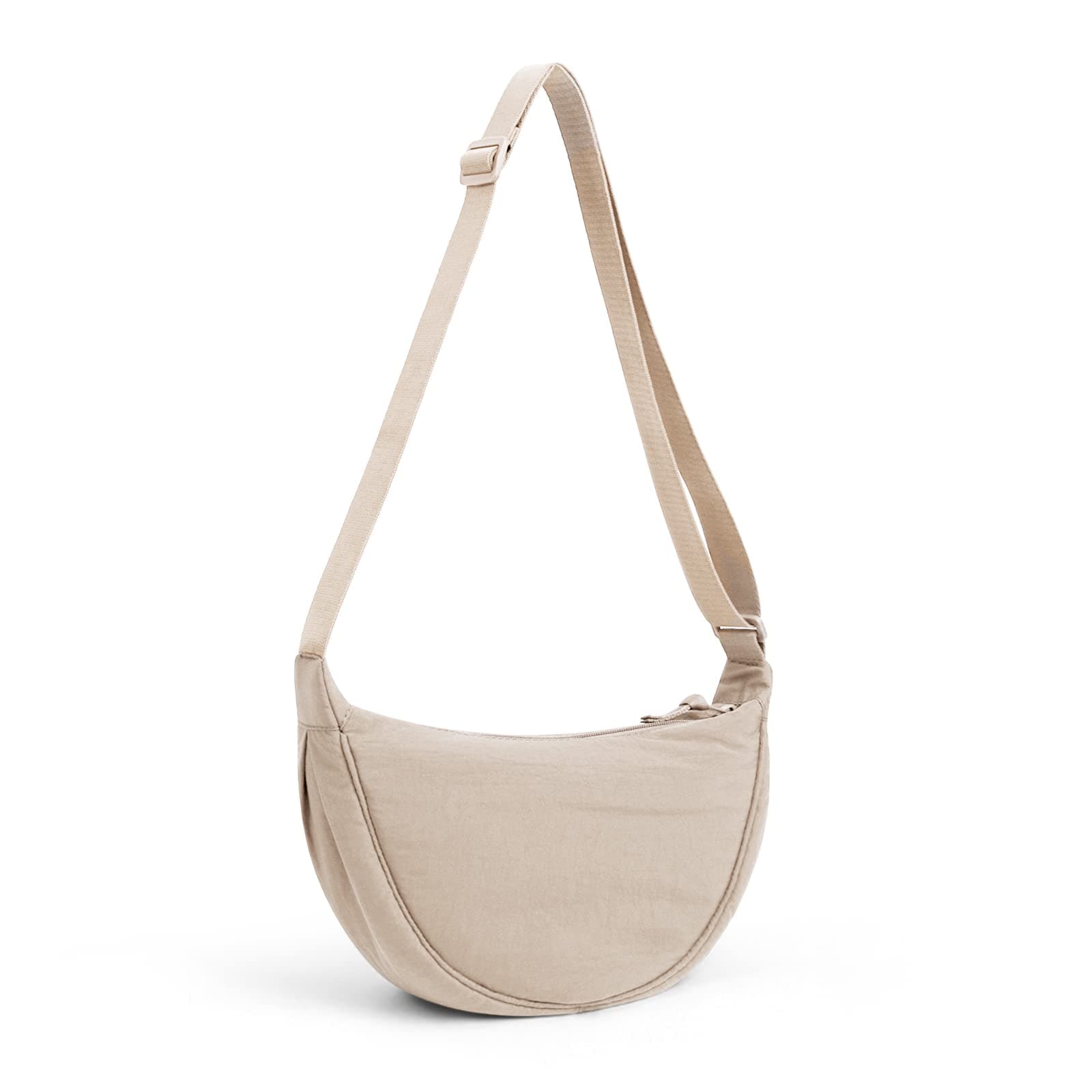 Crescent Bag for Women Men, Nylon Crescent Bags Hobos Crossbody Bag Portable Crescent Purse with Adjustable Strap Solid Color Chest Bag Shoulder Bag Fanny Packs, A02-beige, 31cm
