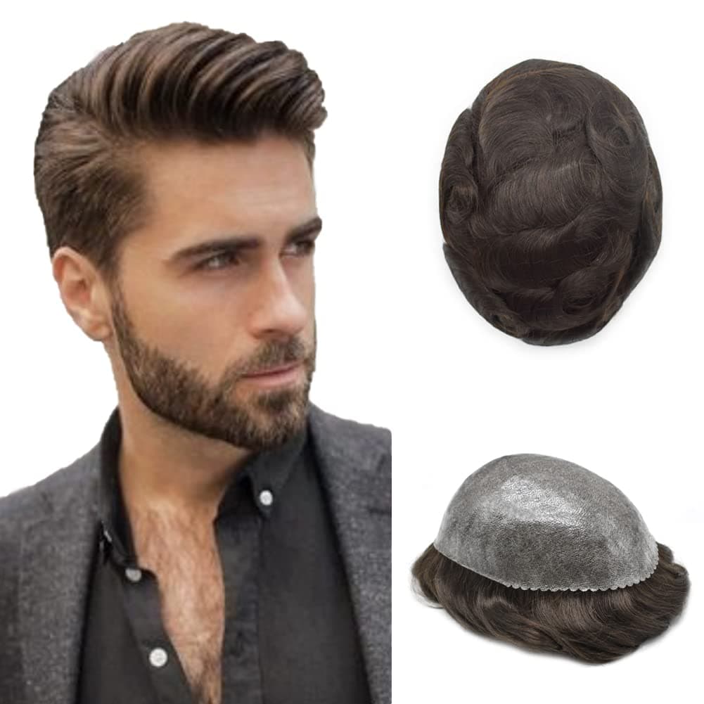 Toupee For Men Hair Piece European Human Hair Mens Toupee 0.12mm Injected Poly Hair Replacement System Gray Hair Pieces For Men US Stock. (8x10''-120% Medium Light to Medium Density, DARK BROWN 3#)