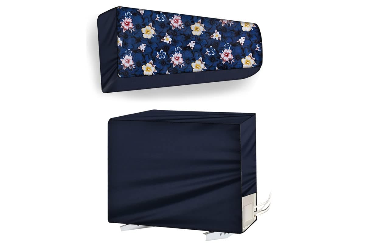 The Furnishing Tree Split AC Cover set of Indoor and Outdoor Unit used for 1 Ton VOLTAS 123 DZX Floral Pattern Blue on Blue base