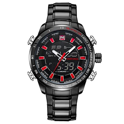 Men's Sport Stainless Steel Fashion Analogue Digital Quartz Watch with Alarm, Date (Black/Red)
