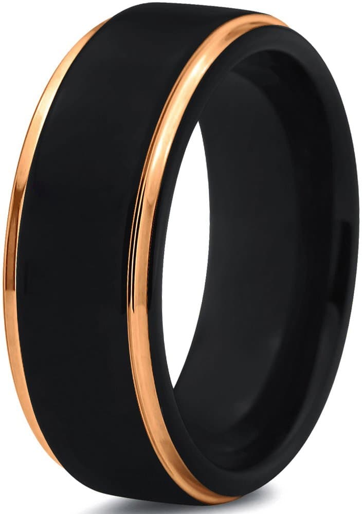 Midnight Rose CollectionTungsten Wedding Band Ring 8mm for Men Women 18k Yellow Gold Plated Step Edge Black Brushed Polished