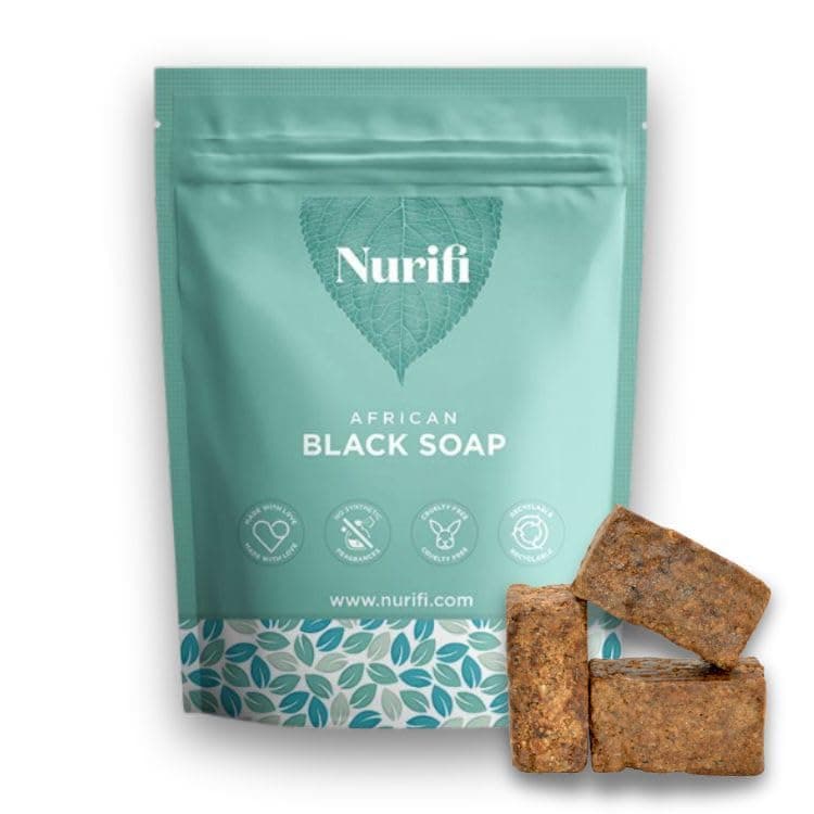 Organic African Black Soap - 450g (3 bars) - by Nurifi - made from Organic Coconut Oil, Organic Shea Butter & Cocoa Pod Ash - Sourced and Traditionally Handcrafted in Ghana