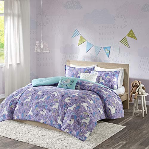 100% Cotton Comforter Set-Fun Print and Vibrant Color Modern Design All Season Cozy Bedding,Matching Shams,Decorative Pillow,Twin/TwinXL,Unicorn Reversible Purple with 2dec pillows