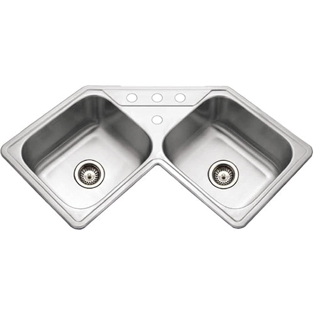 Houzer Legend Stainless Steel Kitchen Sink: 32 Inch Drop-in Topmount 4-Hole 50/50 Double Bowl Corner Kitchen Sink with Strainer, Durable & Versatile, Essential for Home & Apartment: LCR-3221-1
