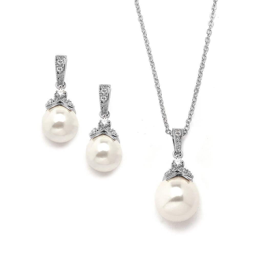 Mariell Pearl Drop Bridal Necklace Earrings Set with CZ Crystals for Bride, Bridesmaid, Birthday Gift