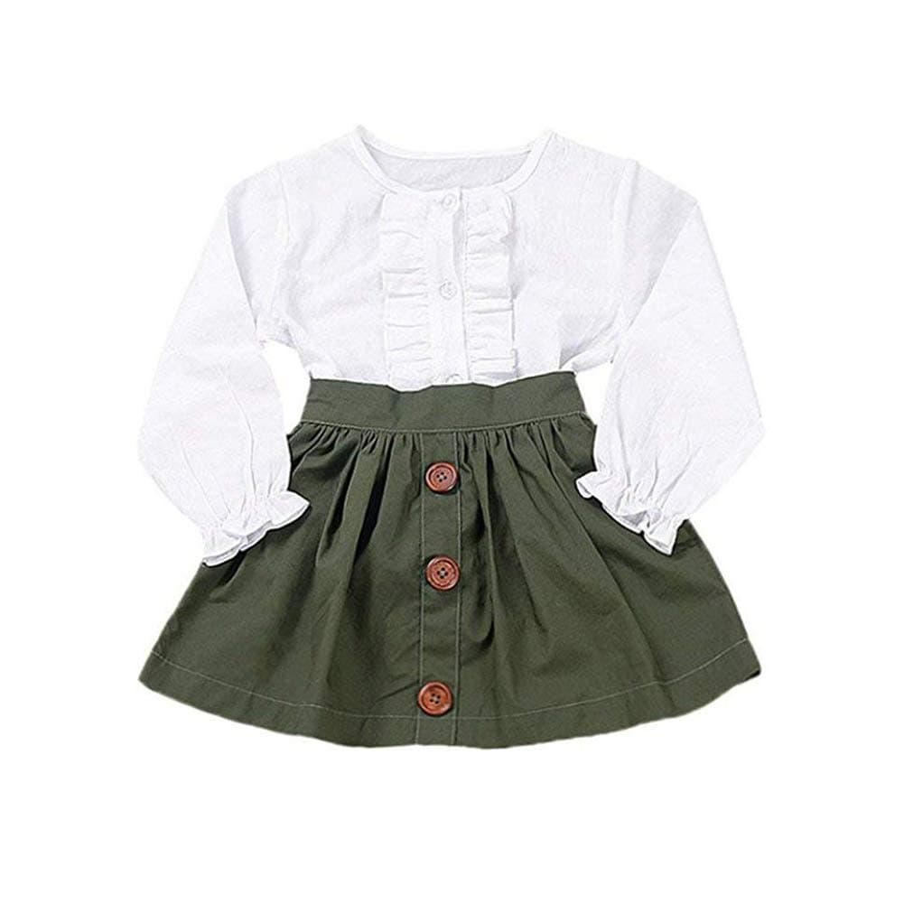 Little Girls Two Piece Clothes Set Good Kids Fall School Oufits Ruffles Clean White Shirt Buttons A-line Skirt