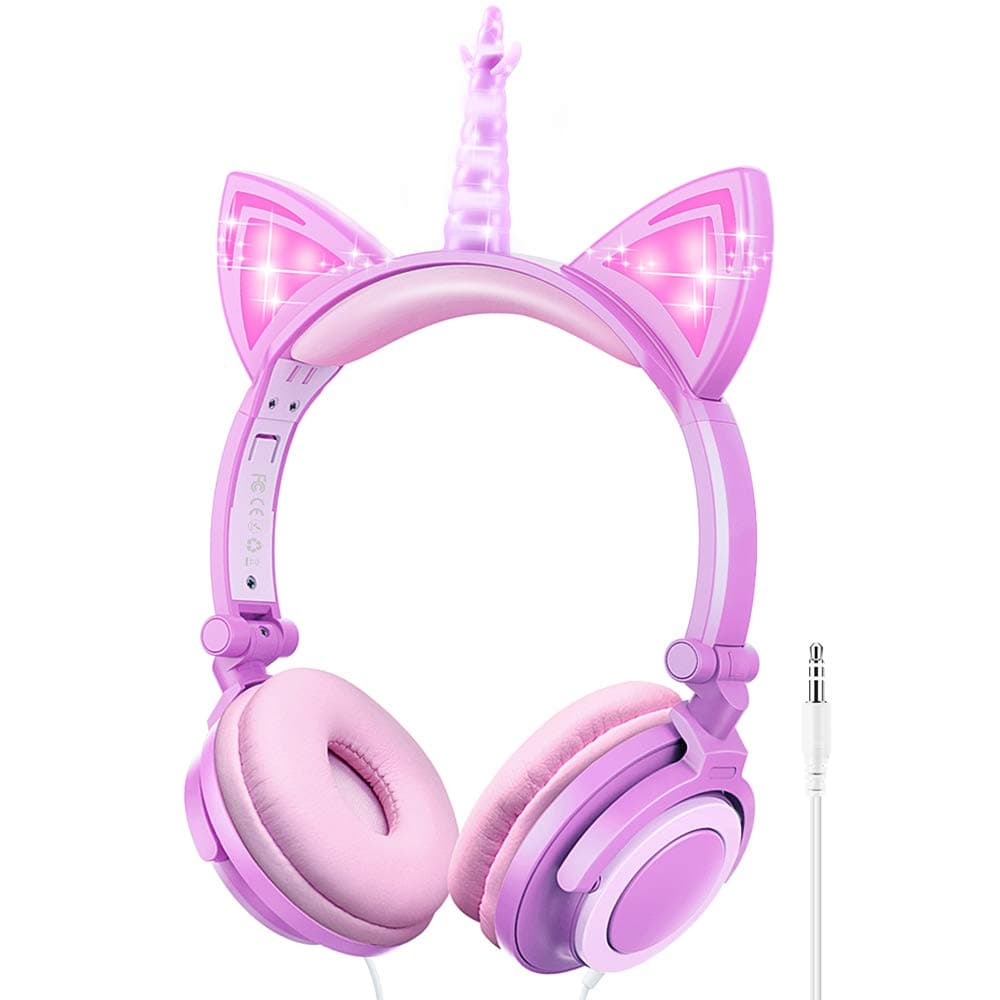 isightguard Unicorn Kids Headphones Cat Ear Headphones with LED Glowing Wired Kids Headphones 85dB Volume Limited Over Ear Headphones for Girls,Purple