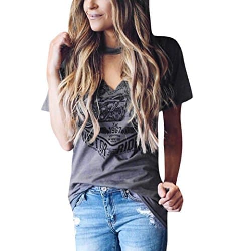 Womens T-Shirt, Girls Stylish Printed Choker V Neck Blouse Short Sleeve Casual Tees Tops (M, Gray)