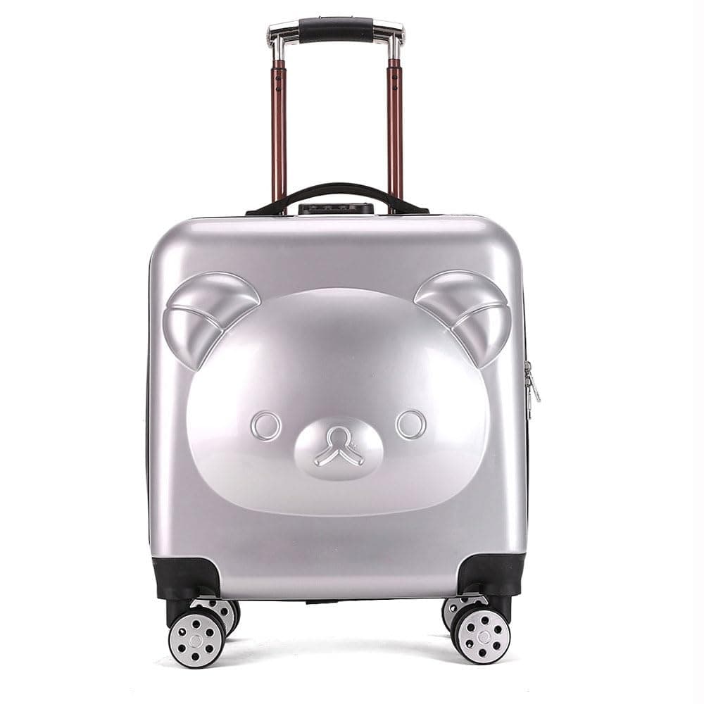 GenericChildren Luggage Case, Kids Plastic Trolly Suitcase, Portable Rolling Bag for Girls Boys Travel, Students School Luggage Bag with 360° Wheels & Cute Cartoon Design (020-Bear, Silver)