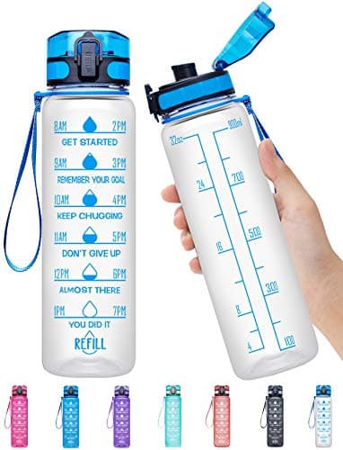 Elvira 32oz Motivational Fitness Sports Water Bottle with Time Marker & Removable Strainer,Fast Flow,Flip Top Leakproof Durable BPA Free Non-Toxic-Transparent-Blue
