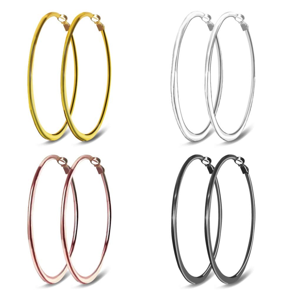 Gold Hoop Earrings Stainless Steel Earrings for Women 2.36" Simple Hoops Flatten 18K Rose Gold Plated Black Silver Earrings for Girls