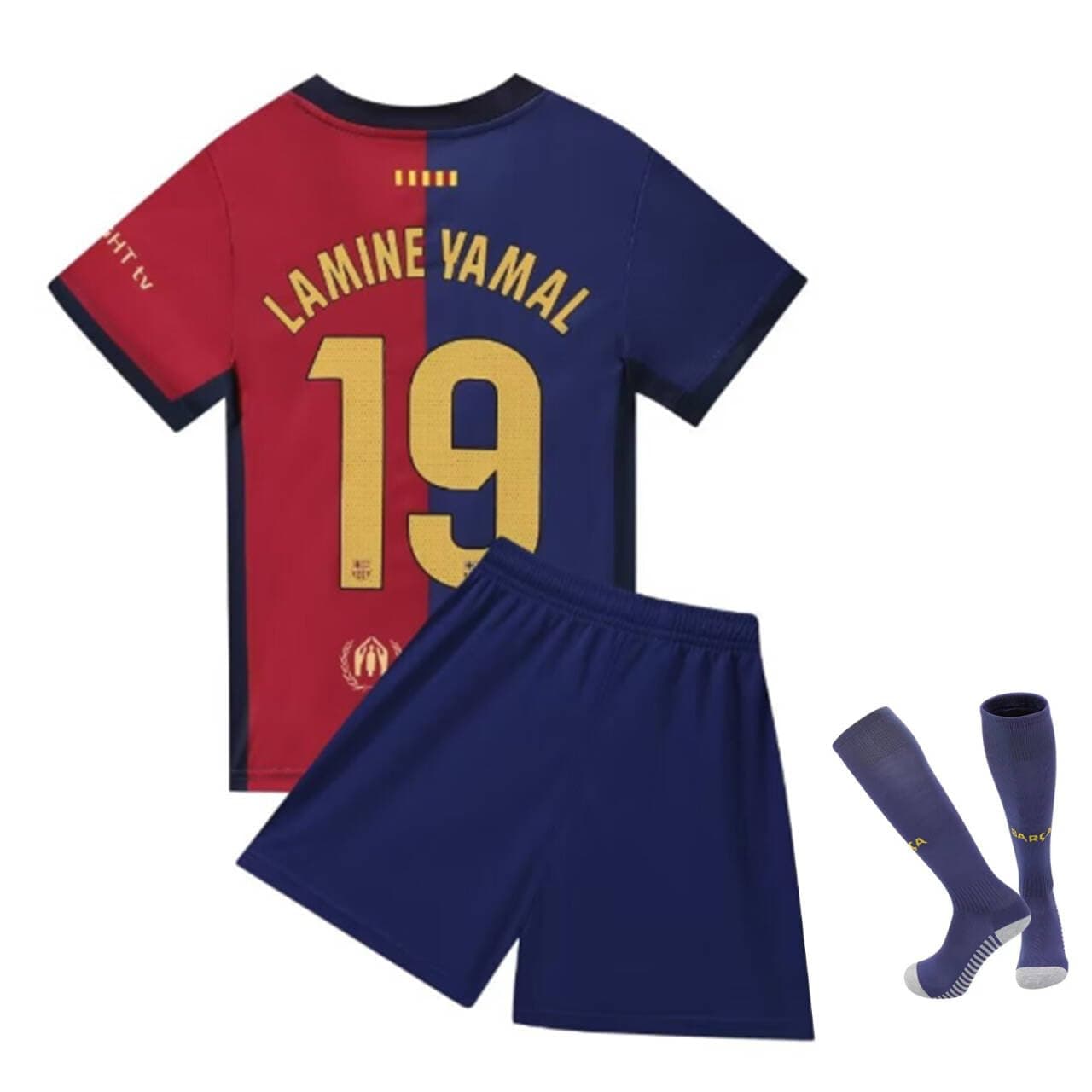 Barca 2024/2025 Lamine Yamal #19 Home Football Soccer Kids Jersey Shorts/Socks Set Youth Sizes (Big & Tall, Blue/Red, 7-8 Years)