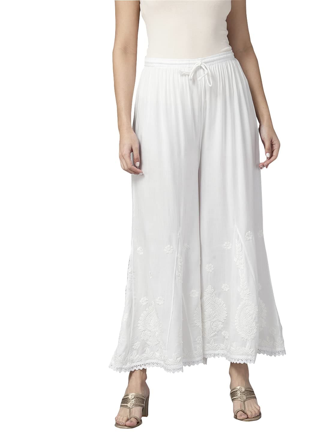 Handcrafted Indian Chikankari Women's Rayon White Flared Palazzo Sharara Pant A711171