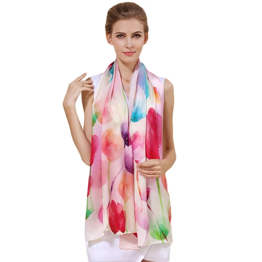 Women's 100% Charmeuse Mulberry Silk Long Scarf For Gift Hair Ladies Shawls Floral And Butterfly Scarves