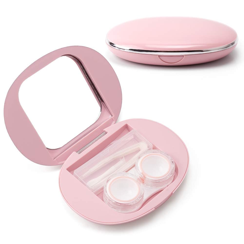 Contact Lens Case, Cute Contact Lens Holder Contact Lenses Travel Case with Removal Tool Mirror and Tweezers Contacts Container Storage Kit for Women and Girl (Pink)