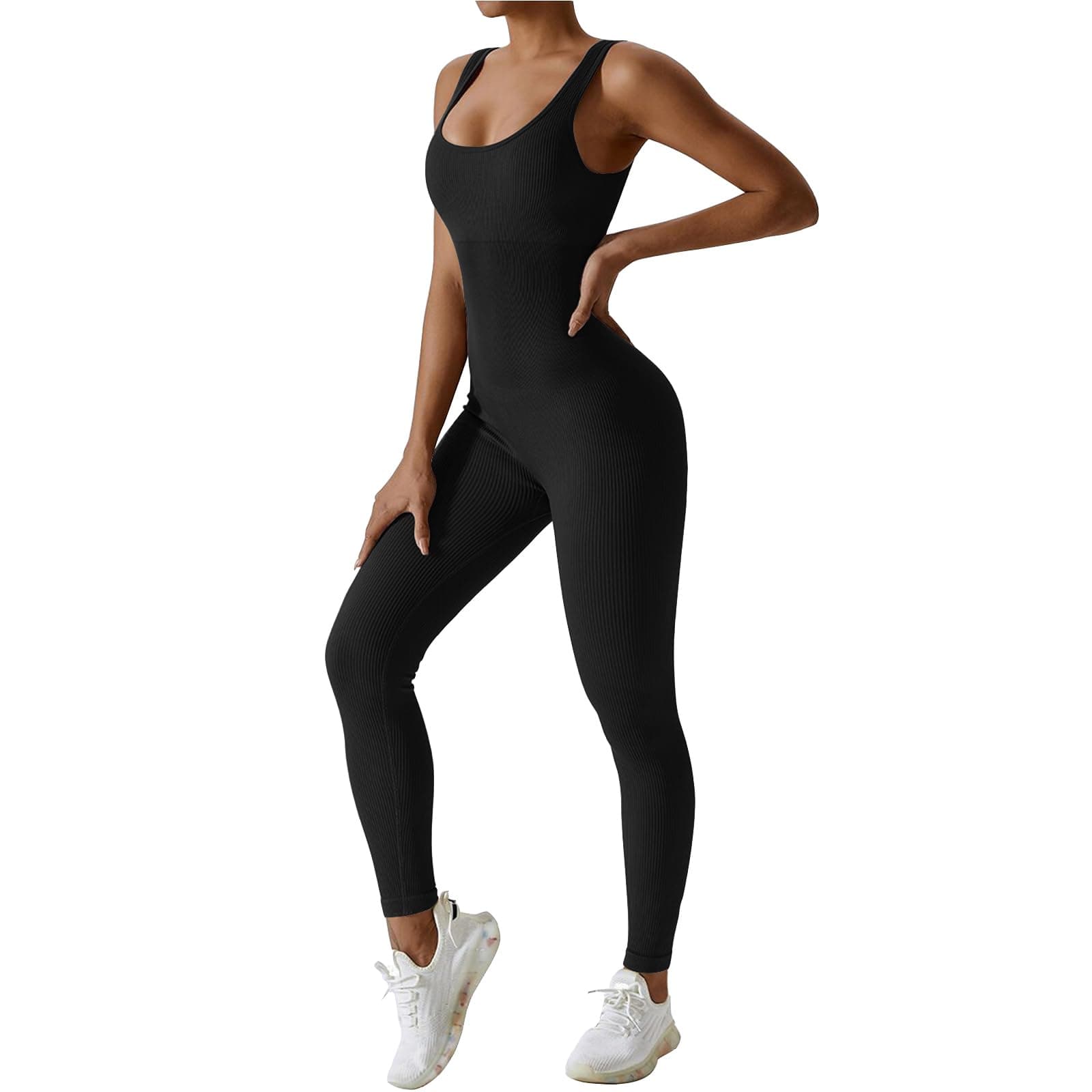 MAYROUND Gym Jumpsuit for Women One Piece Ribbed Rompers Sleeveless Bodycon Sports Leggings Square Neck Tank Top Playsuit