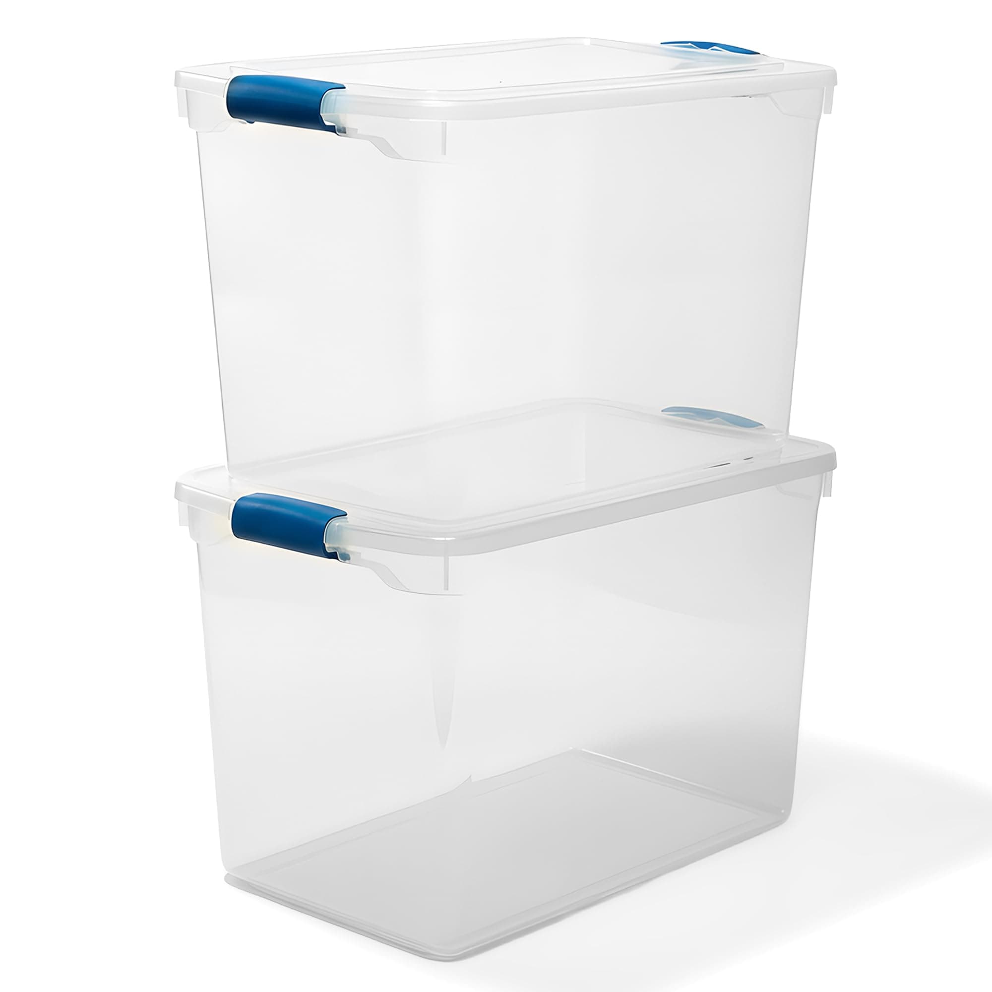 2-Pack Latching Lid, Clear Plastic Storage Organizer Bins, 112 Quart, Blue Latch - Stackable Organizing Containers for Home, Garage, and Office