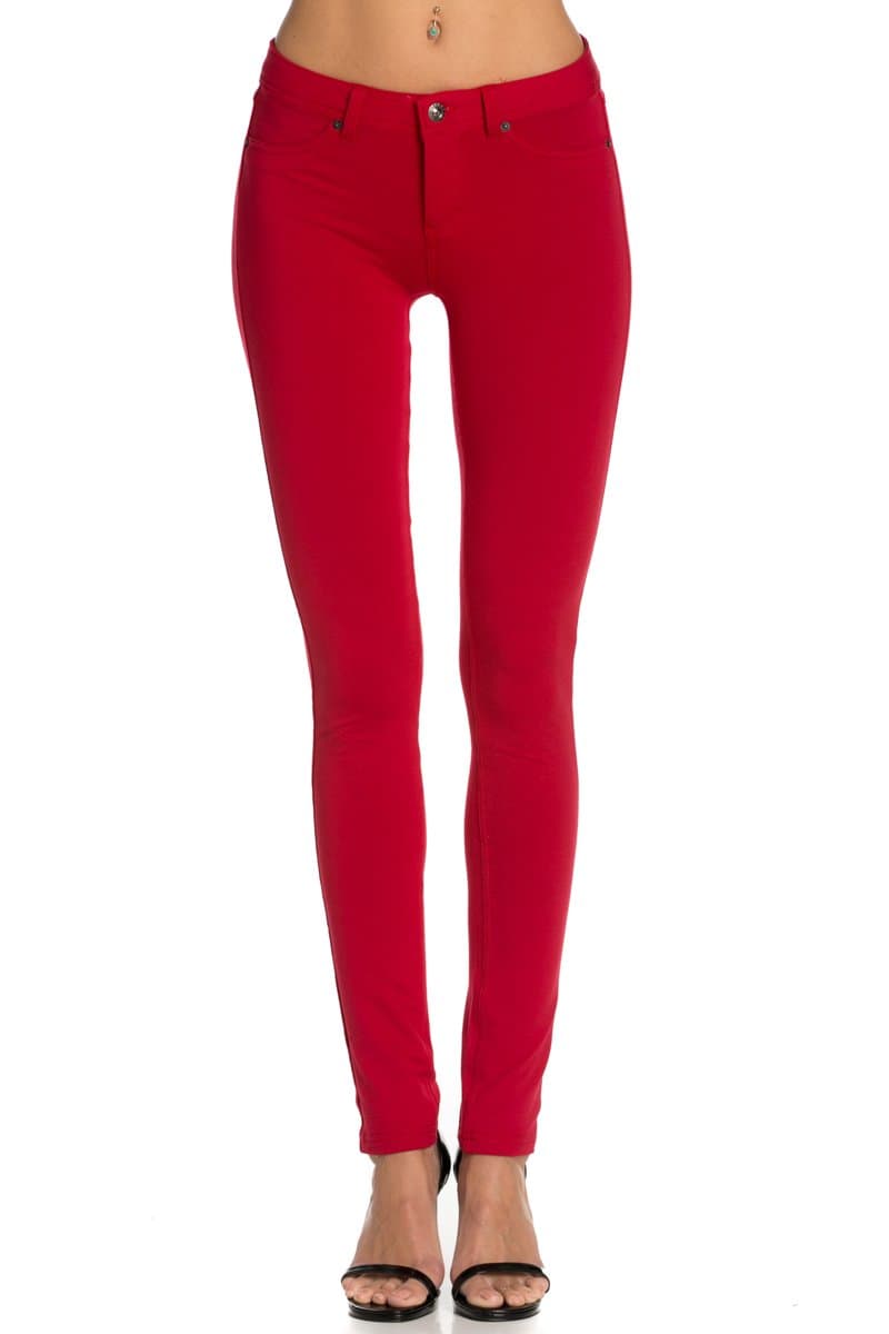 Poplooks Women's Casual Mid Rise Stretch Skinny Knit Jegging Pants Red X-Large