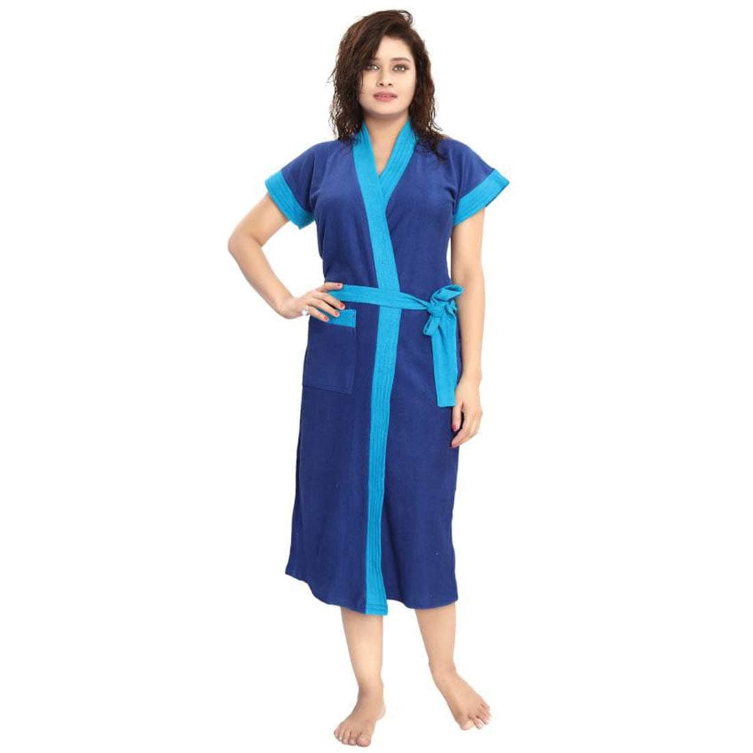 Two Tone Cotton Half Sleeves Bathrobe for Women - Free Size fit Upto 42 inches - Blue