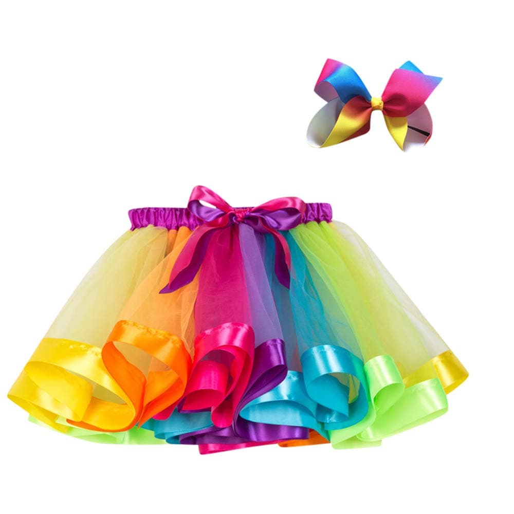 Lazzboy Girls Tutu Tulle Rainbow Ballet Skirt Princess for 3-10 Years Dress-up Costume Party with Bow Hair Clip Set