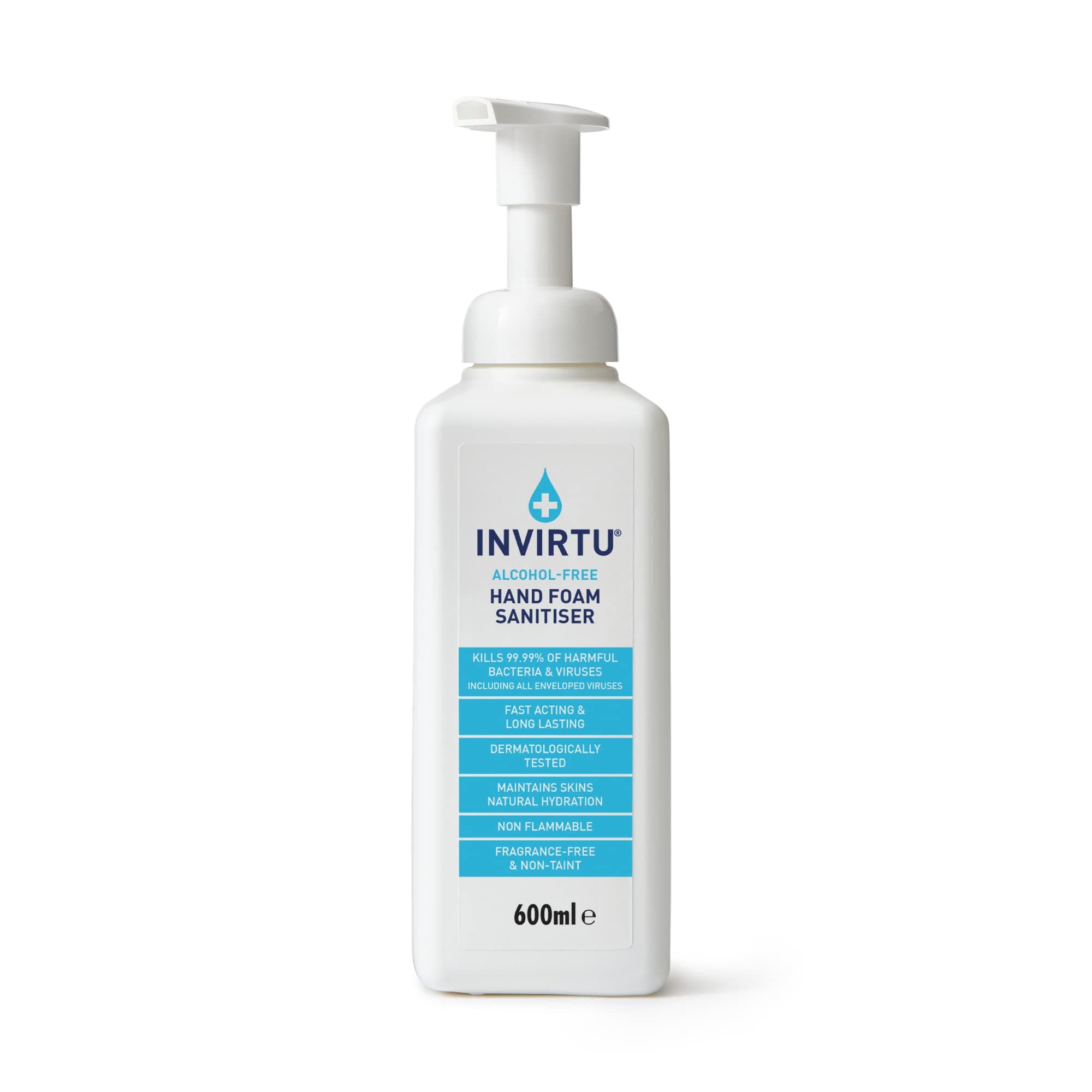 INVIRTU Alcohol Free Antibacterial Hand Sanitiser Foam (600ml) - Kills 99.9% Of Bacteria & Viruses - Large Hand Sanitiser Pump For Home & Professional Use – Non-Scented Disinfectant - Kind To Skin