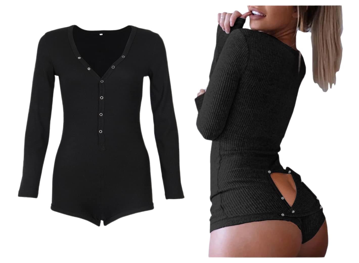 Roselux Women's Sexy Deep V Neck Shorts Long Sleeve Knitted One Piece Bodysuit Sexy Pajama Onesie Bodycon Rompers Overall