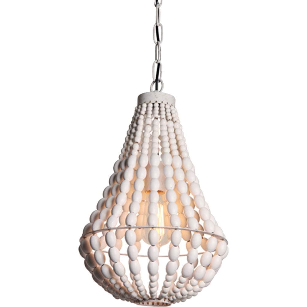 Wood Bead Chandelier Light Pendant Fixture Rustic Antique 1-Light White Finished Ceiling Lamp, Kitchen, Living Room, Bedroom